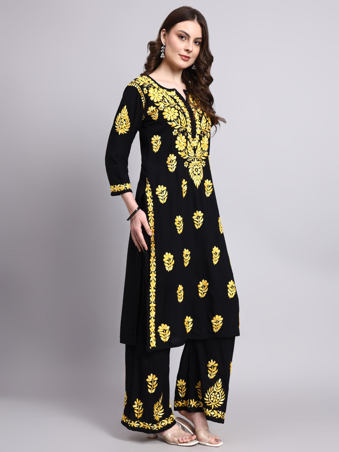 Niya Rayon Chikankari Kurti Palazzo Set - Yellow