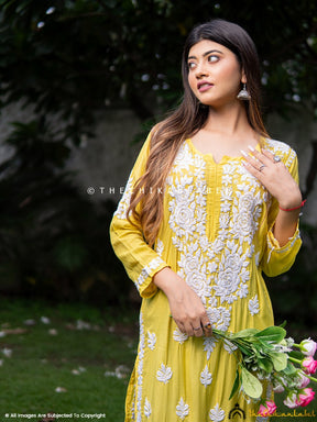 Yellow Safa Muslin Chikankari Straight Kurti