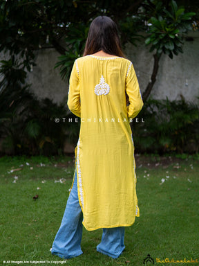 Yellow Safa Muslin Chikankari Straight Kurti