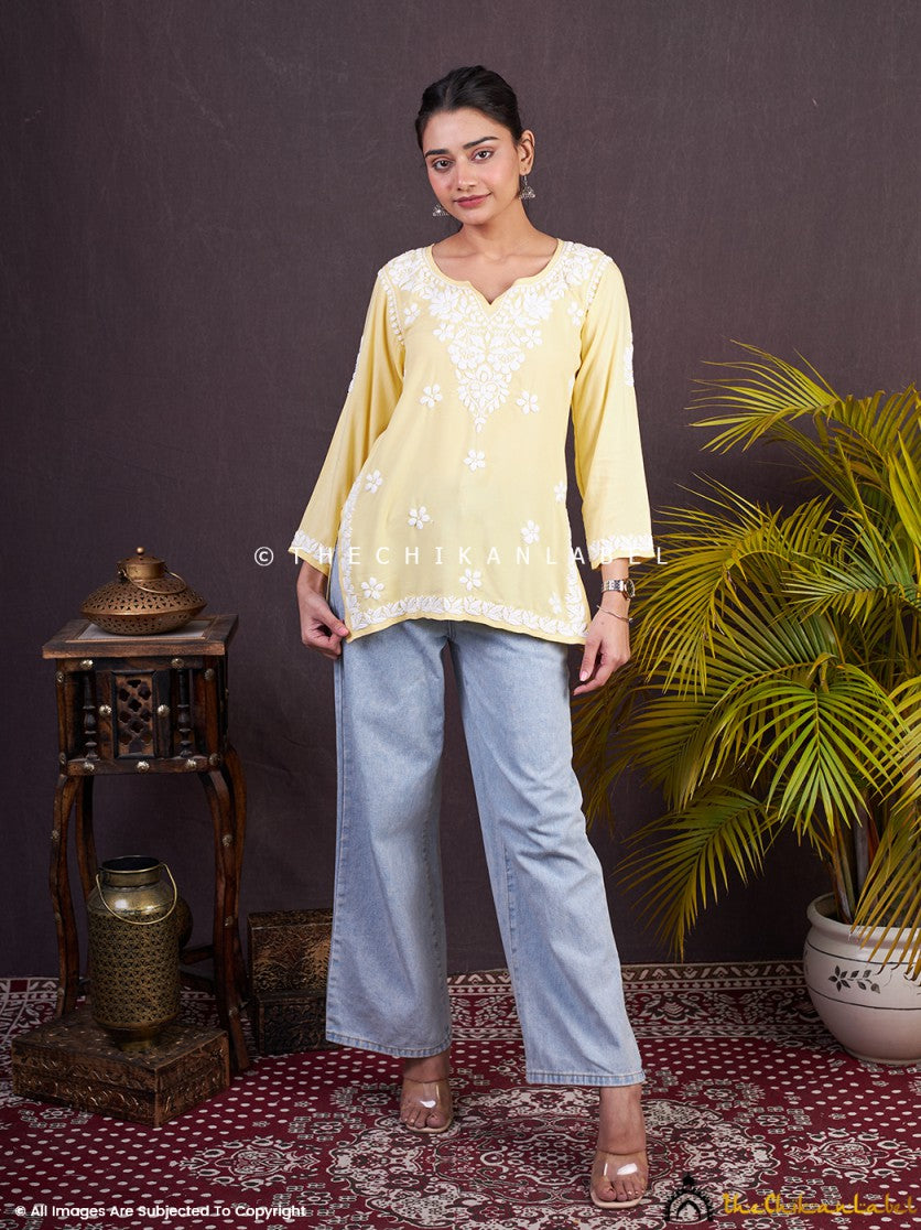 Yellow Sangeet Modal Chikankari Short Kurta , Chikankari Short Kurta in Modal Fabric For Woman