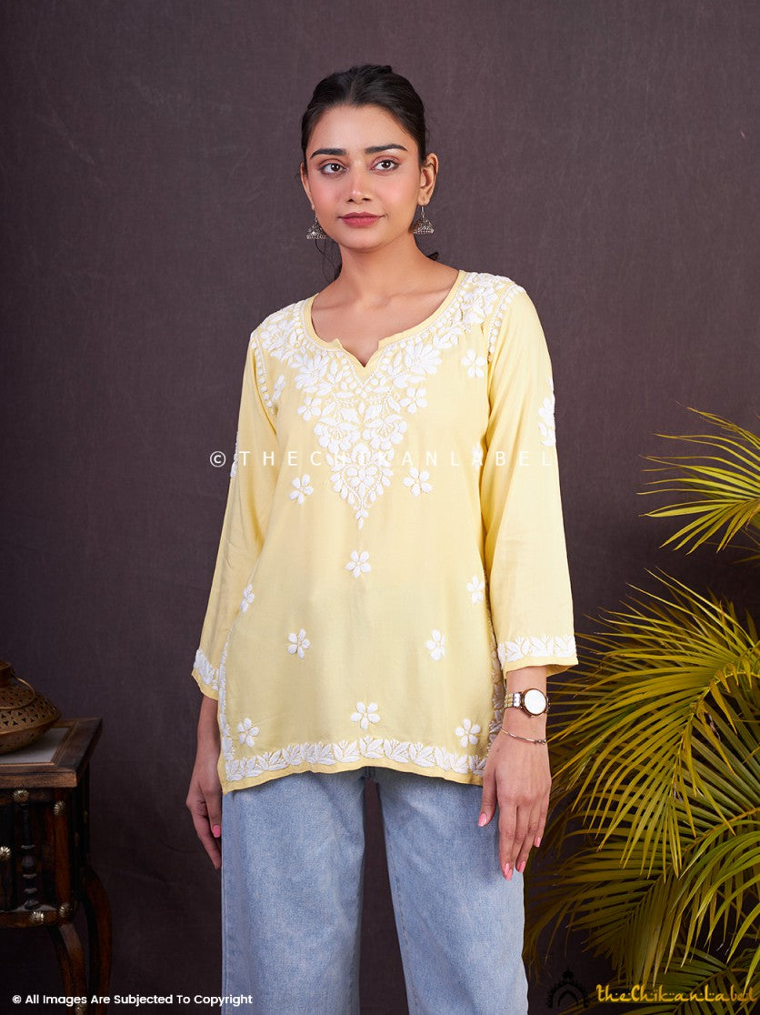 Yellow Yellow Sangeet Modal Chikankari Short Kurta , Chikankari Short Kurta in Modal Fabric For WomanSangeet Modal Chikankari Short Kurta2