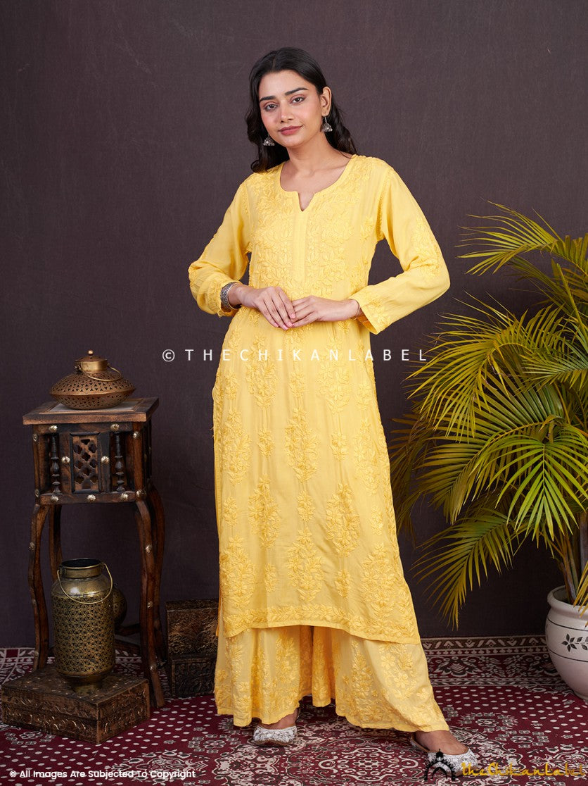 Yellow Zehna Modal Chikankari Kurta Set , Chikankari Kurta Set in Modal Fabric For Woman