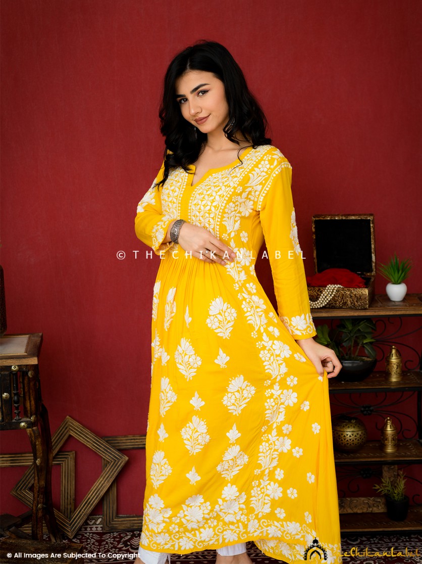 Yellow Zinia Modal Chikankari A-Line Kurti ,Chikankari A-Line Kurti in Modal Fabric For Woman