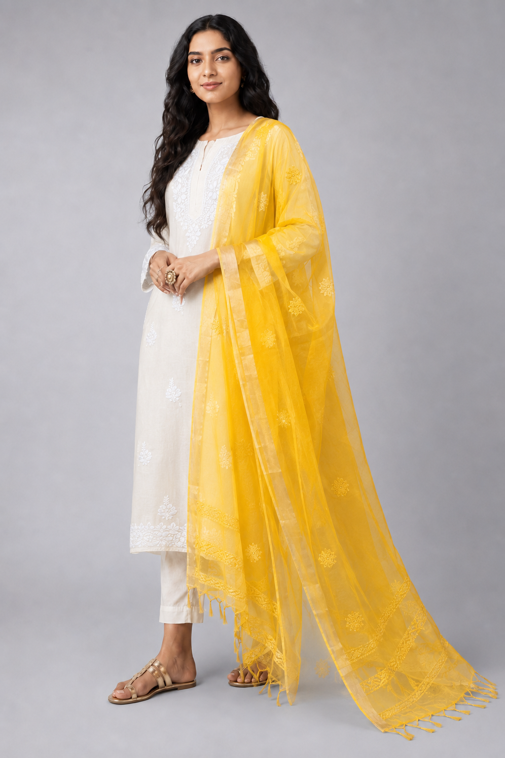 Yellow Organza Chikankari Dupatta