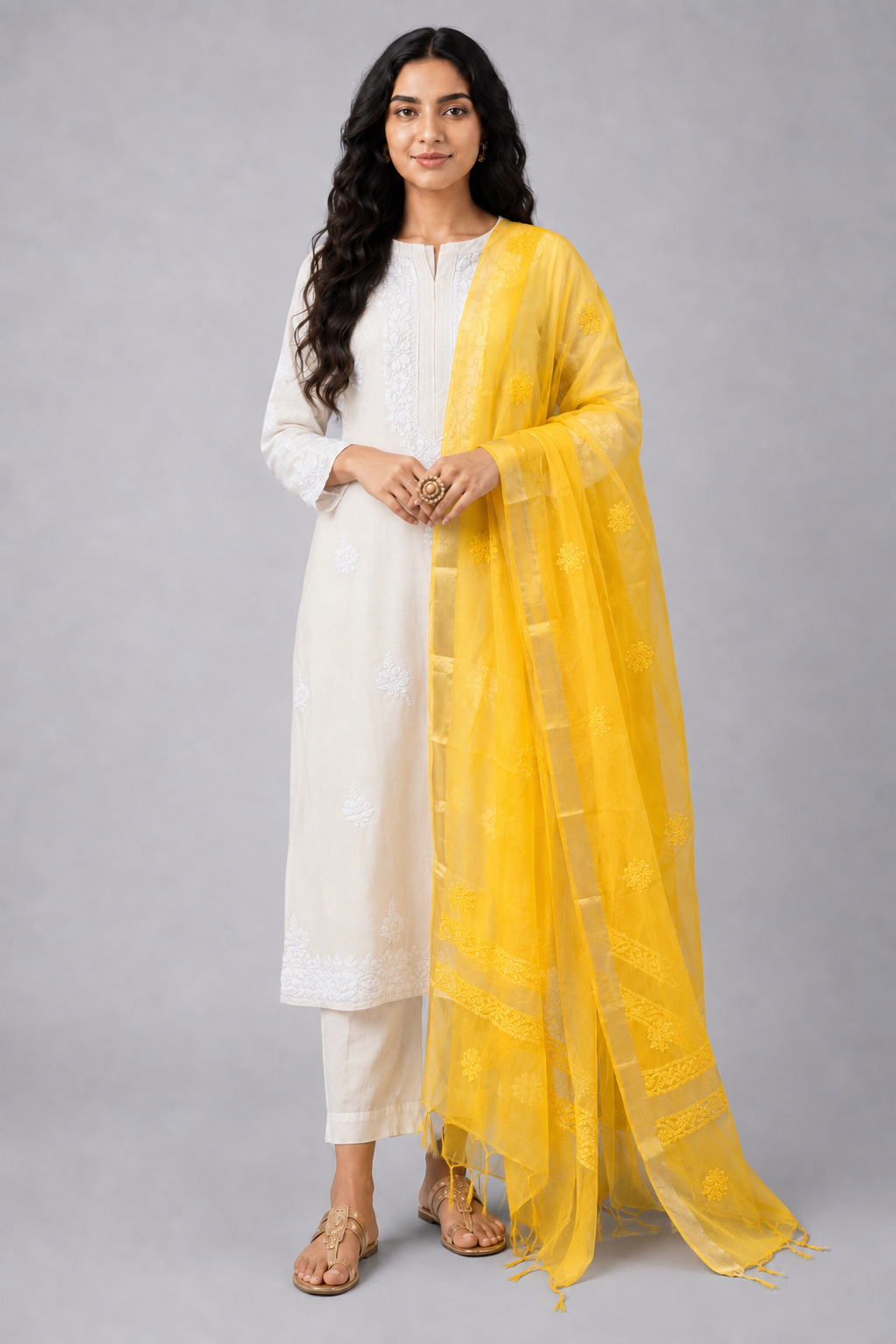 Yellow Organza Chikankari Dupatta