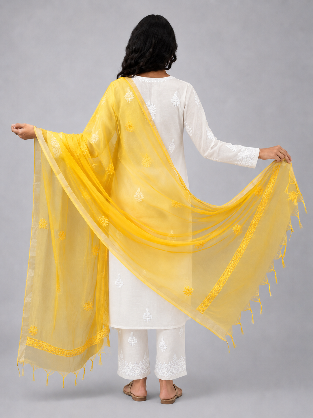 Yellow Organza Chikankari Dupatta