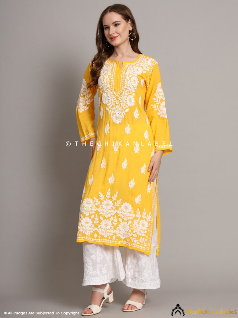 Yellow Sanaya Modal Chikankari Straight Kurti