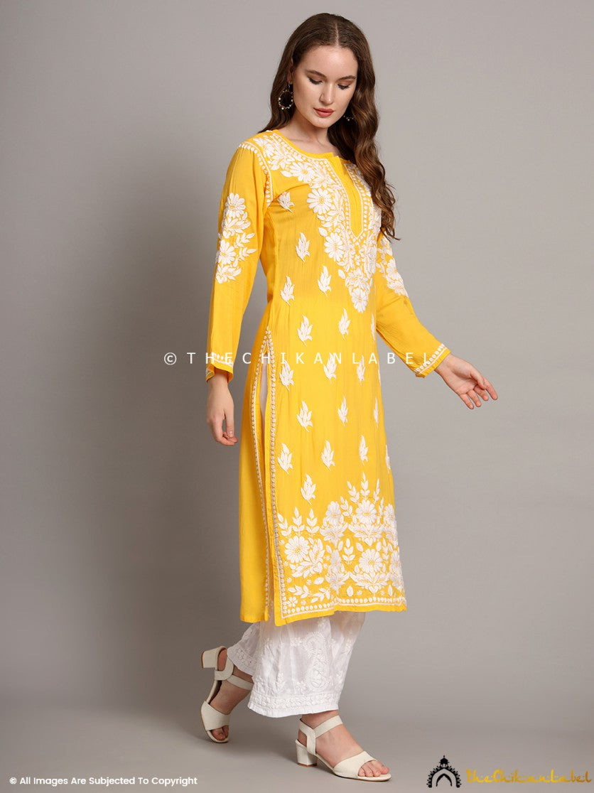 Yellow Sanaya Modal Chikankari Straight Kurti