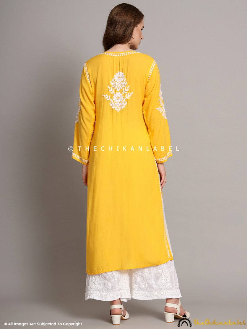 Yellow Sanaya Modal Chikankari Straight Kurti