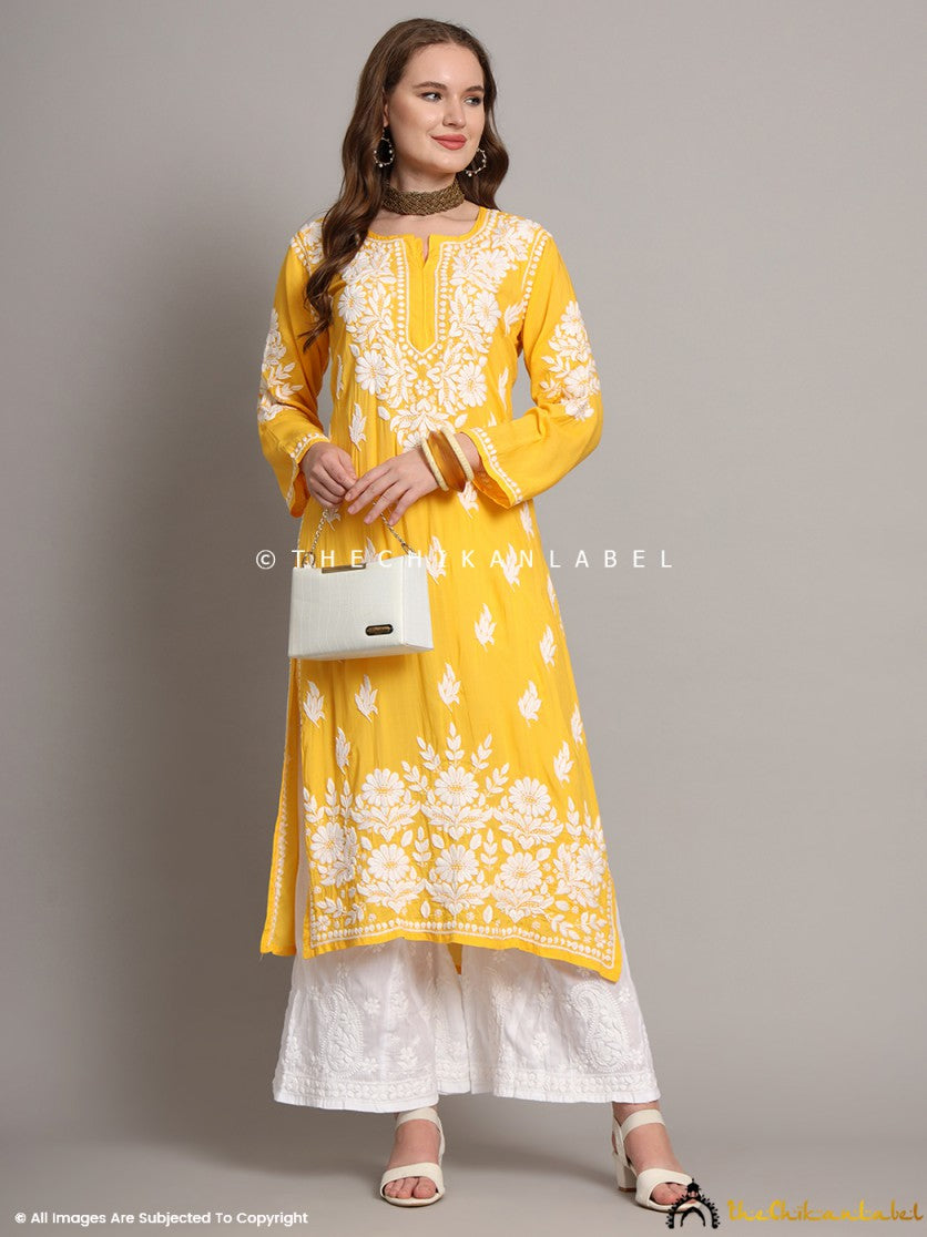 Yellow Sanaya Modal Chikankari Straight Kurti