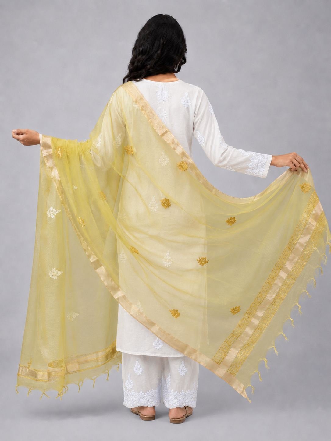 Lemon Yellow Organza Chikankari Dupatta