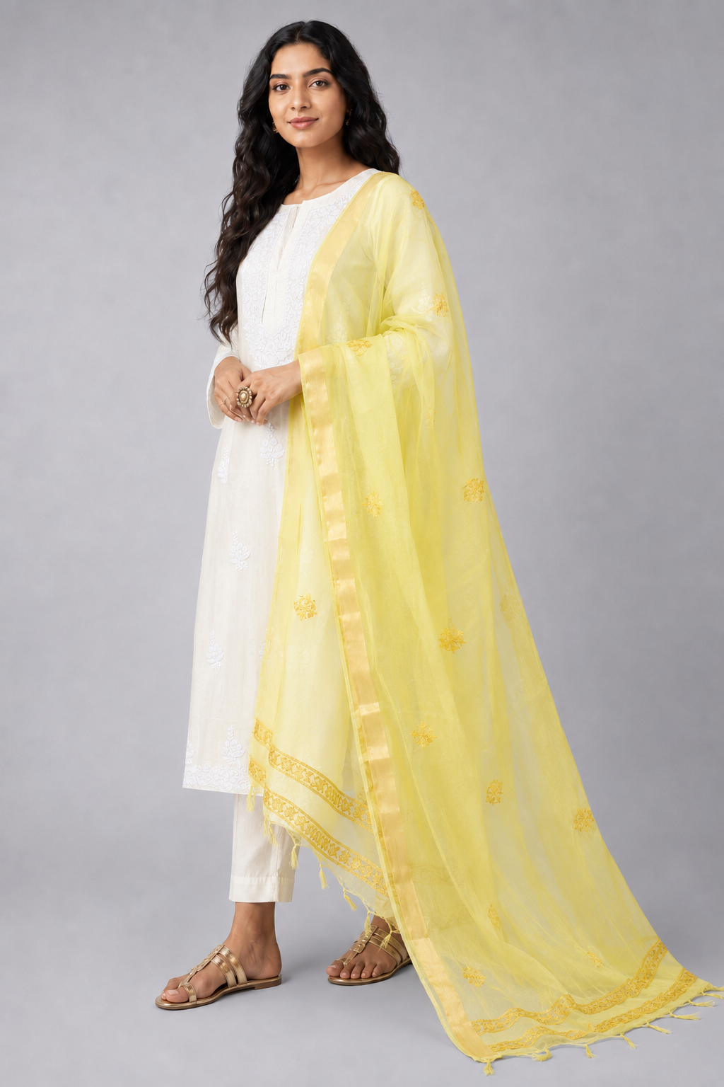 Lemon Yellow Organza Chikankari Dupatta