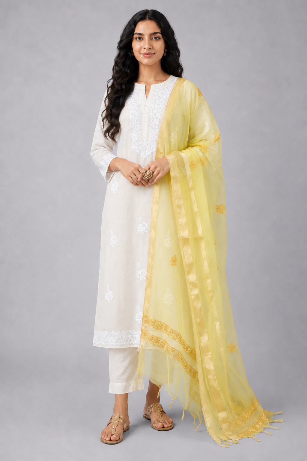 Lemon Yellow Organza Chikankari Dupatta