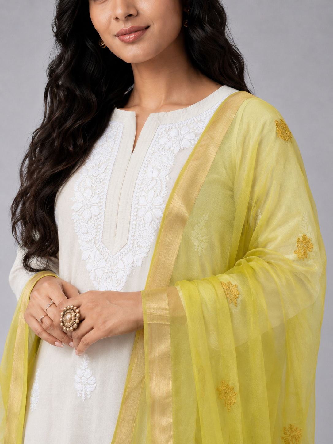 Lemon Yellow Organza Chikankari Dupatta