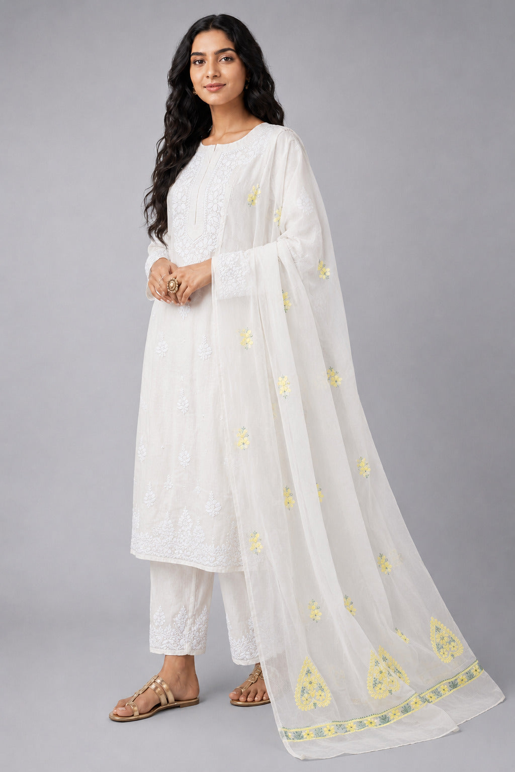 Yellow Semi Organza Chikankari Dupatta