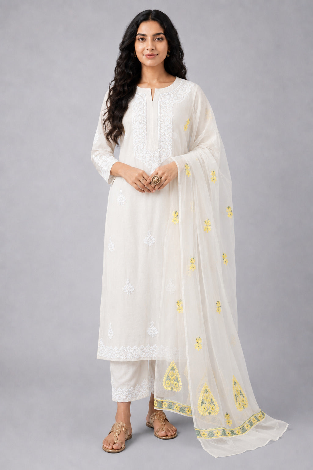 Yellow Semi Organza Chikankari Dupatta