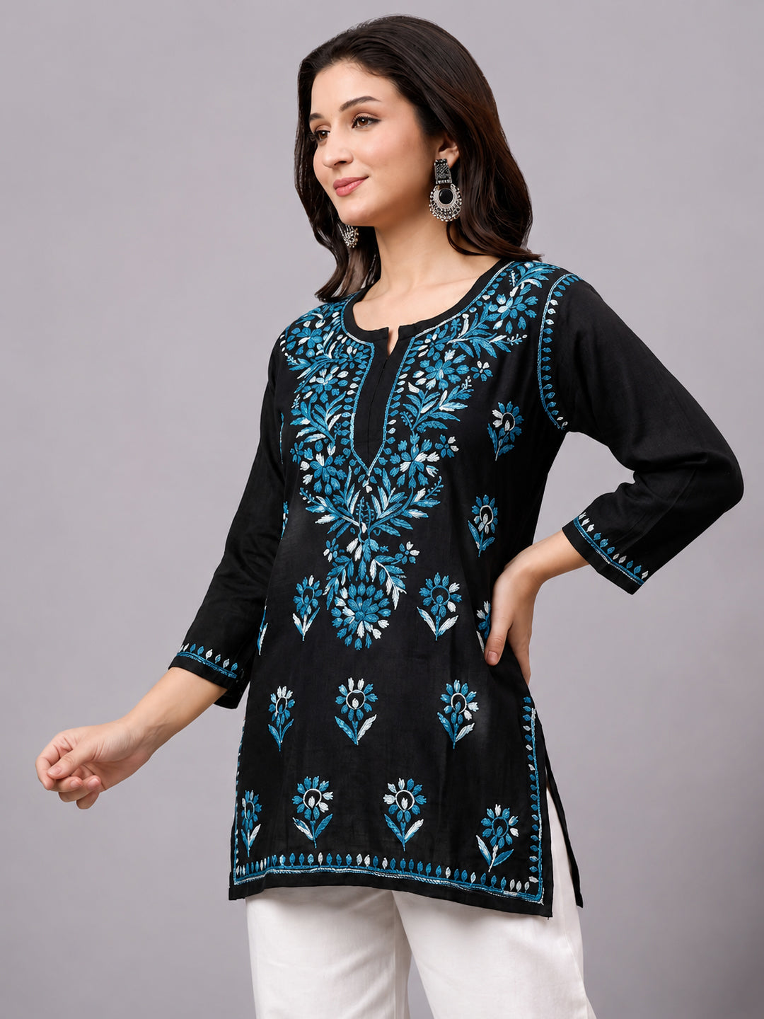 Short kurta for women featuring Lucknowi Chikankari embroidery, relaxed fit, and premium craftsmanship for effortless ethnic styling