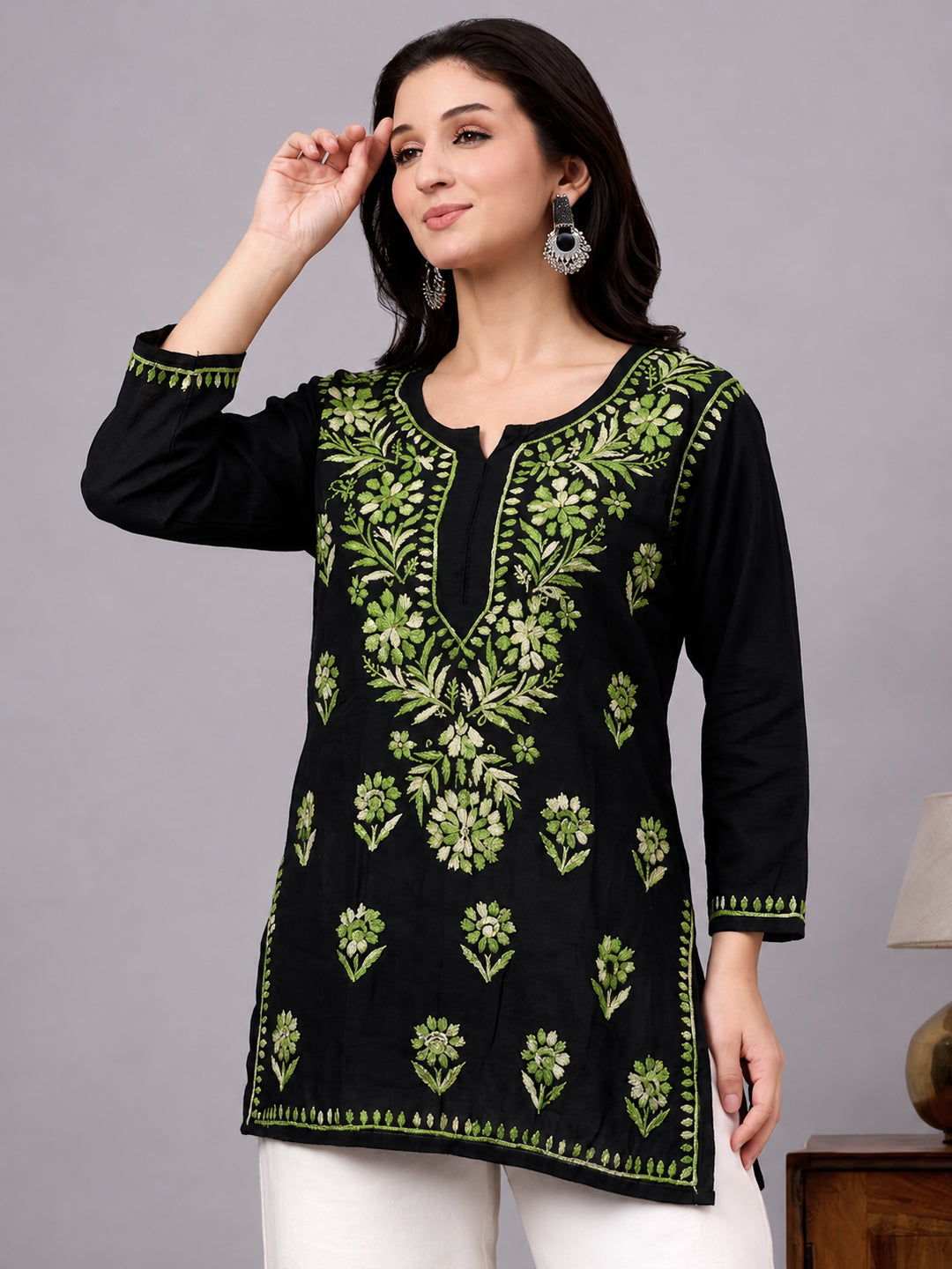 Rayon Short Kurta for women featuring premium Lucknowi Chikankari embroidery with elegant handcrafted detailing and stylish everyday ethnic appeal