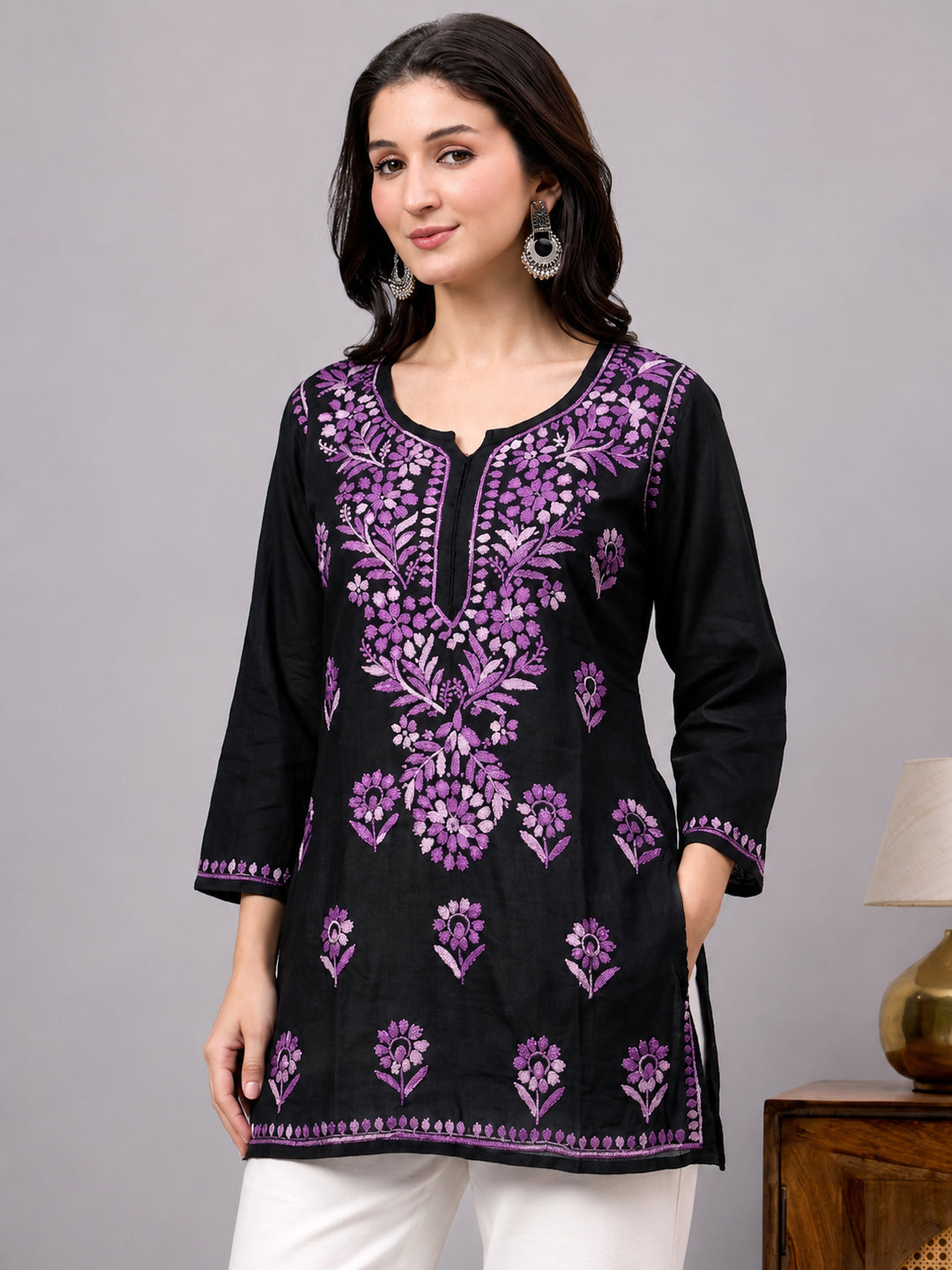 Trending short kurta with handcrafted Lucknowi-inspired embroidery, premium fabric quality, and versatile styling for casual ethnic outfits