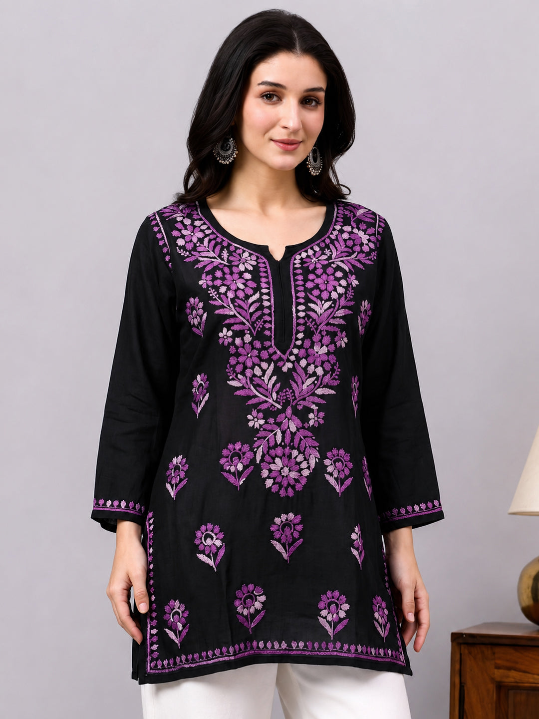 Elegant Rayon Short Kurta showcasing beautiful thread embroidery on neckline, sleeves, and front design with timeless traditional charm