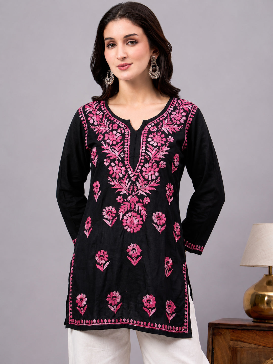 Trending short kurta with handcrafted Lucknowi-inspired embroidery, premium fabric quality, and versatile styling for casual ethnic outfits
