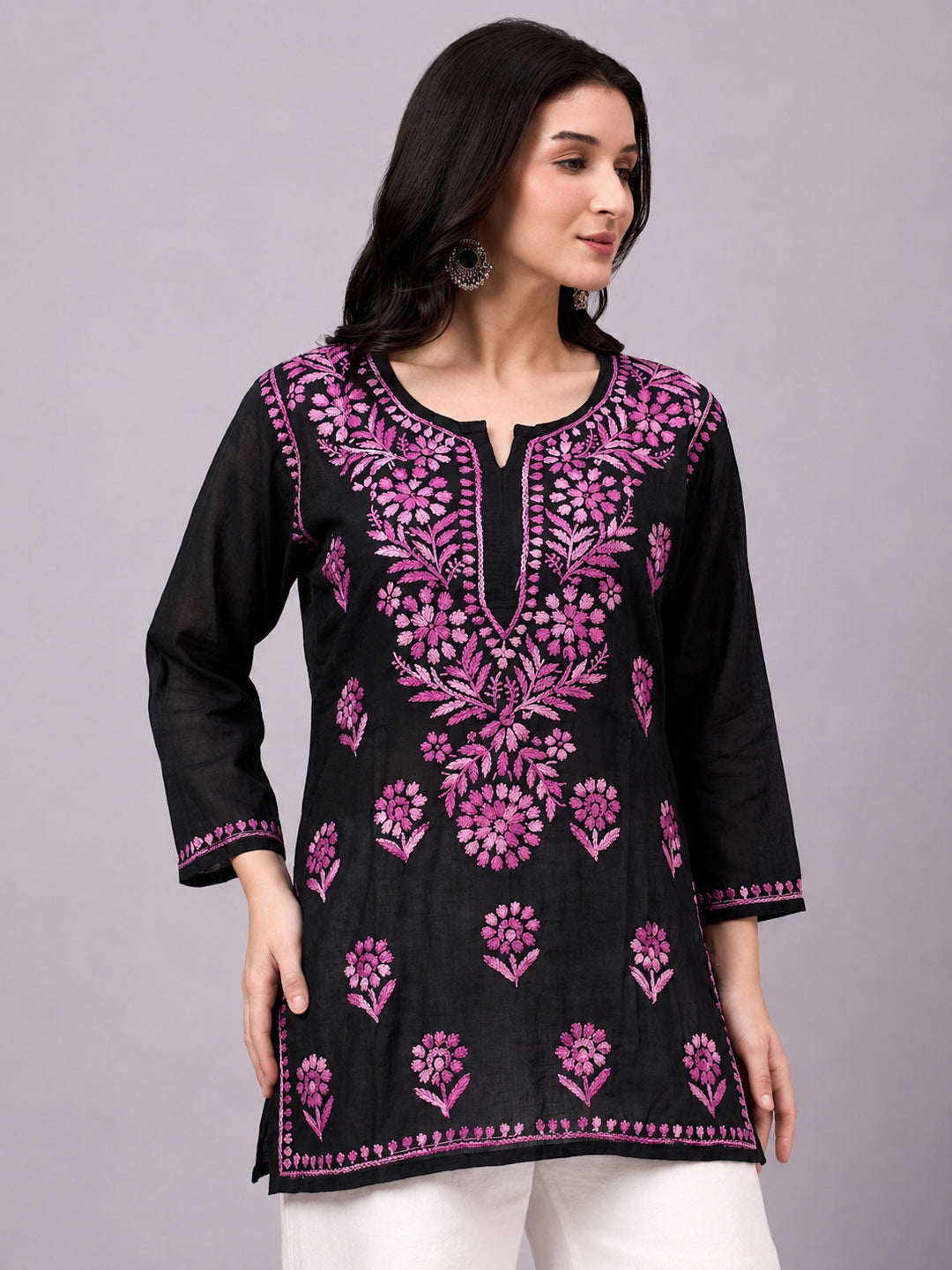 Rayon Short Kurta for women featuring premium Lucknowi Chikankari embroidery with elegant handcrafted detailing and stylish everyday ethnic appeal