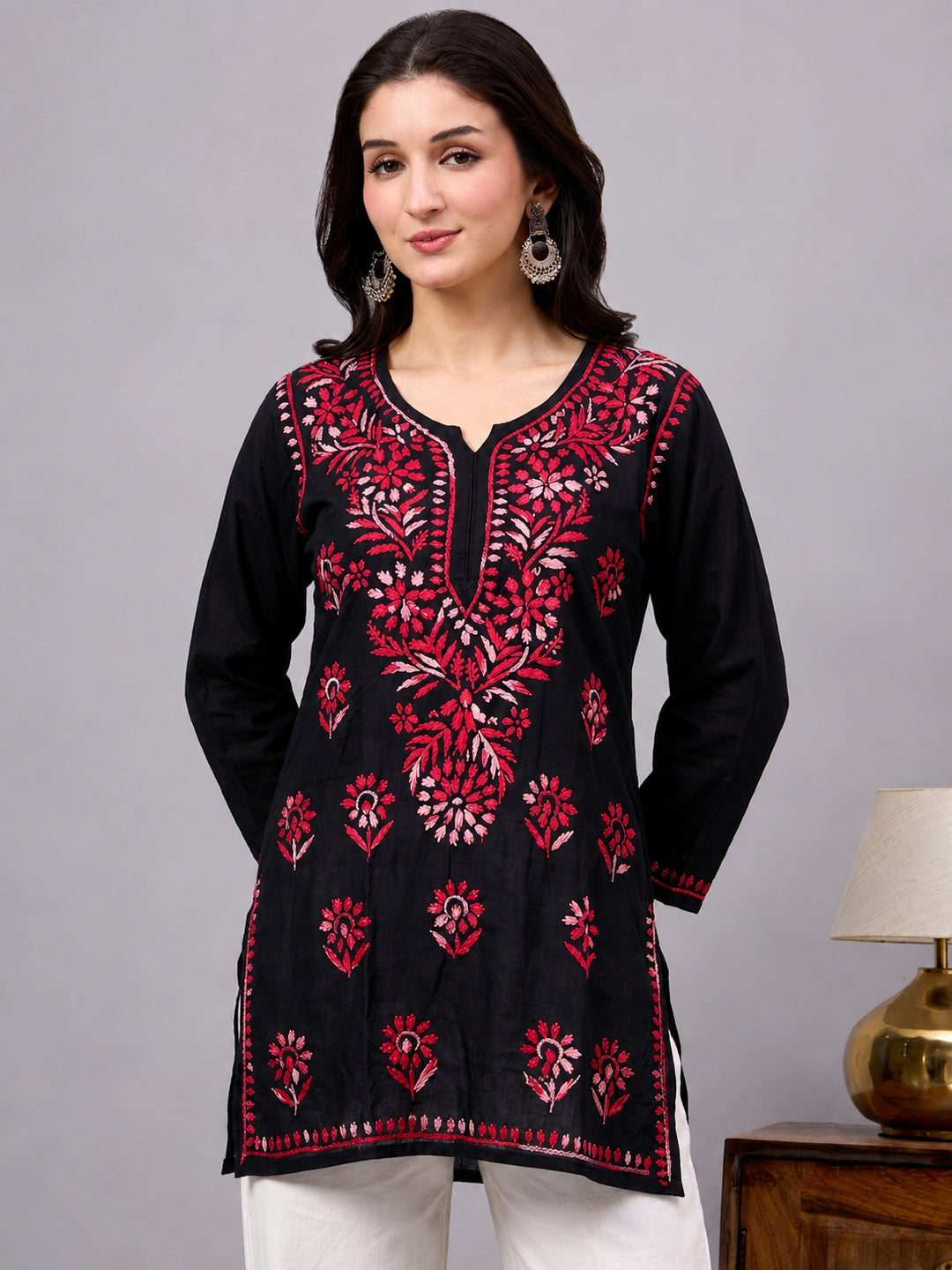 Elegant Rayon Short Kurta showcasing beautiful thread embroidery on neckline, sleeves, and front design with timeless traditional charm