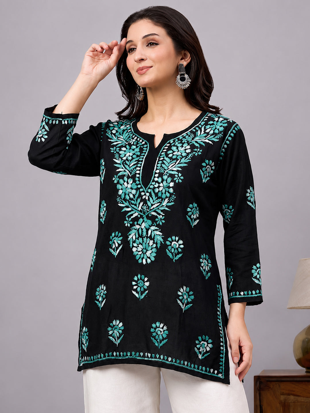 Elegant Rayon Short Kurta showcasing beautiful thread embroidery on neckline, sleeves, and front design with timeless traditional charm