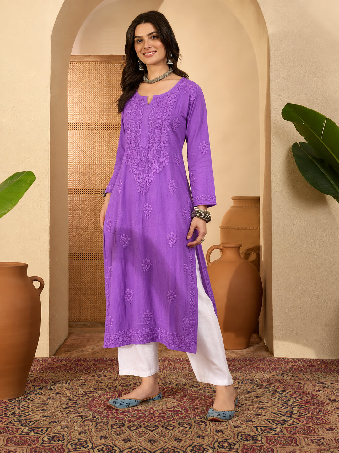 Zara Rayon Chikankari Straight Kurta - Lavender