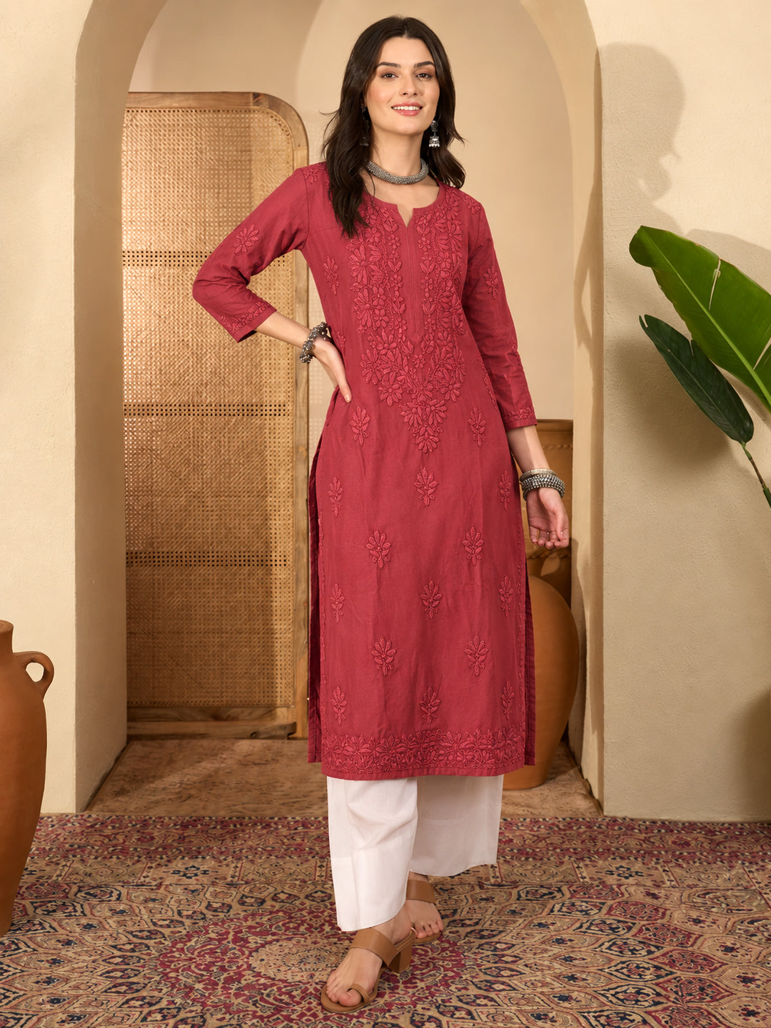Zara Rayon Chikankari Straight Kurta - Maroon