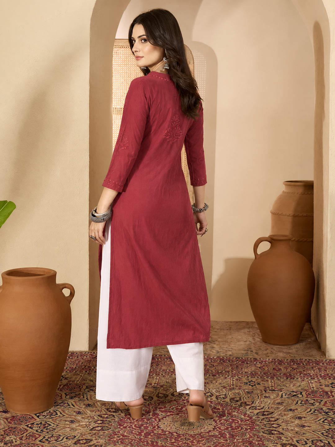 Zara Rayon Chikankari Straight Kurta - Maroon
