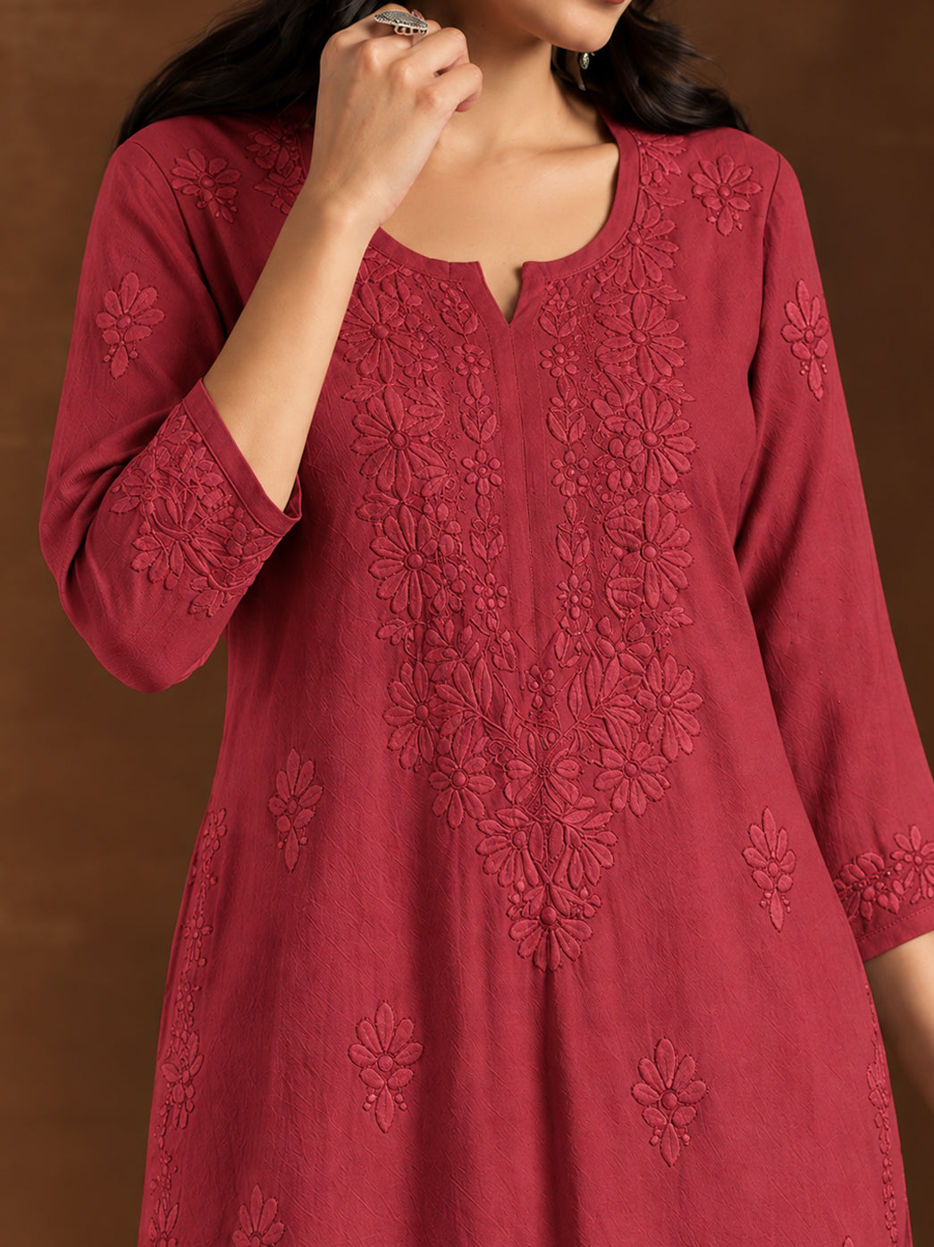 Zara Rayon Chikankari Straight Kurta - Maroon