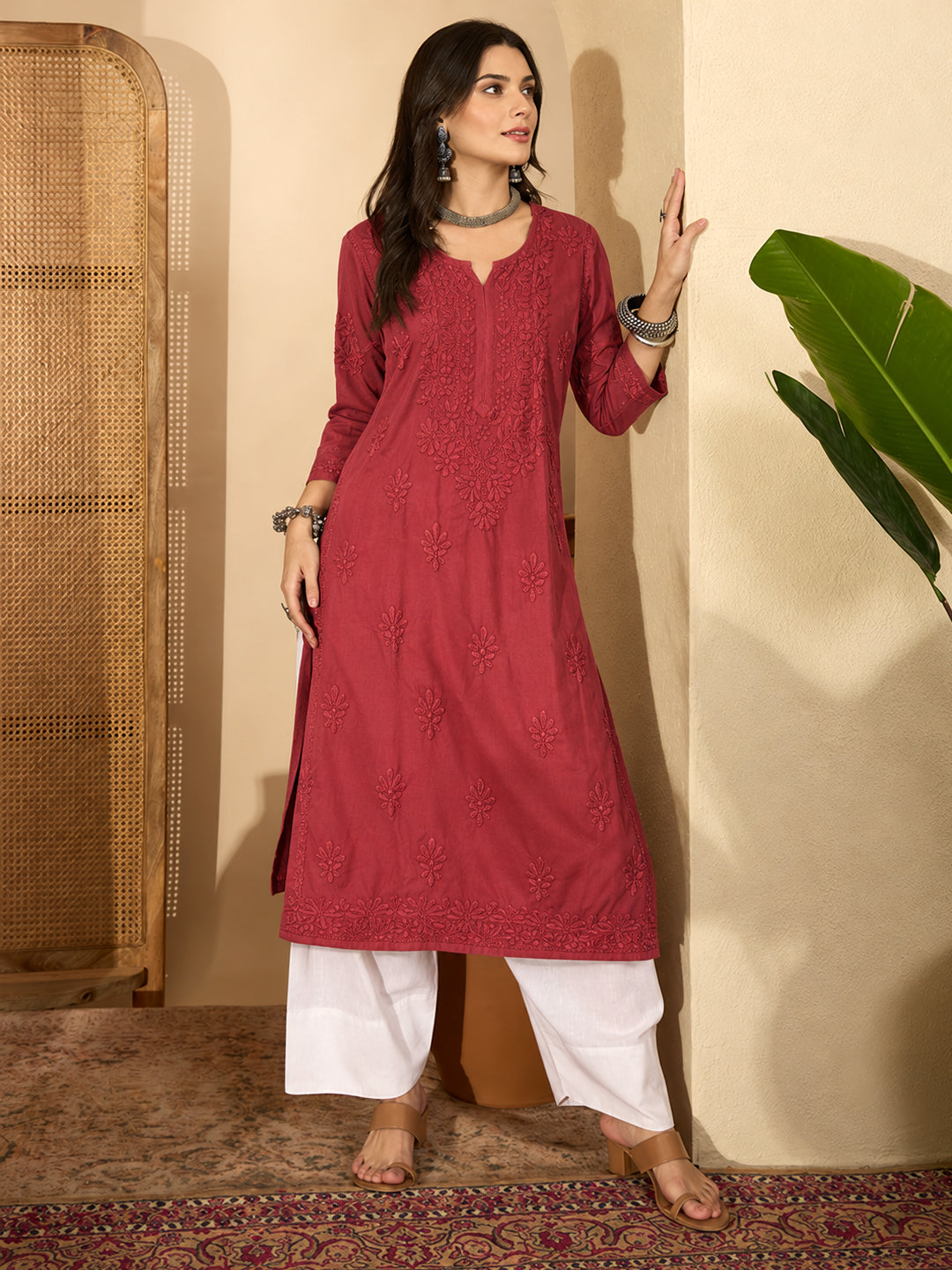 Zara Rayon Chikankari Straight Kurta - Maroon