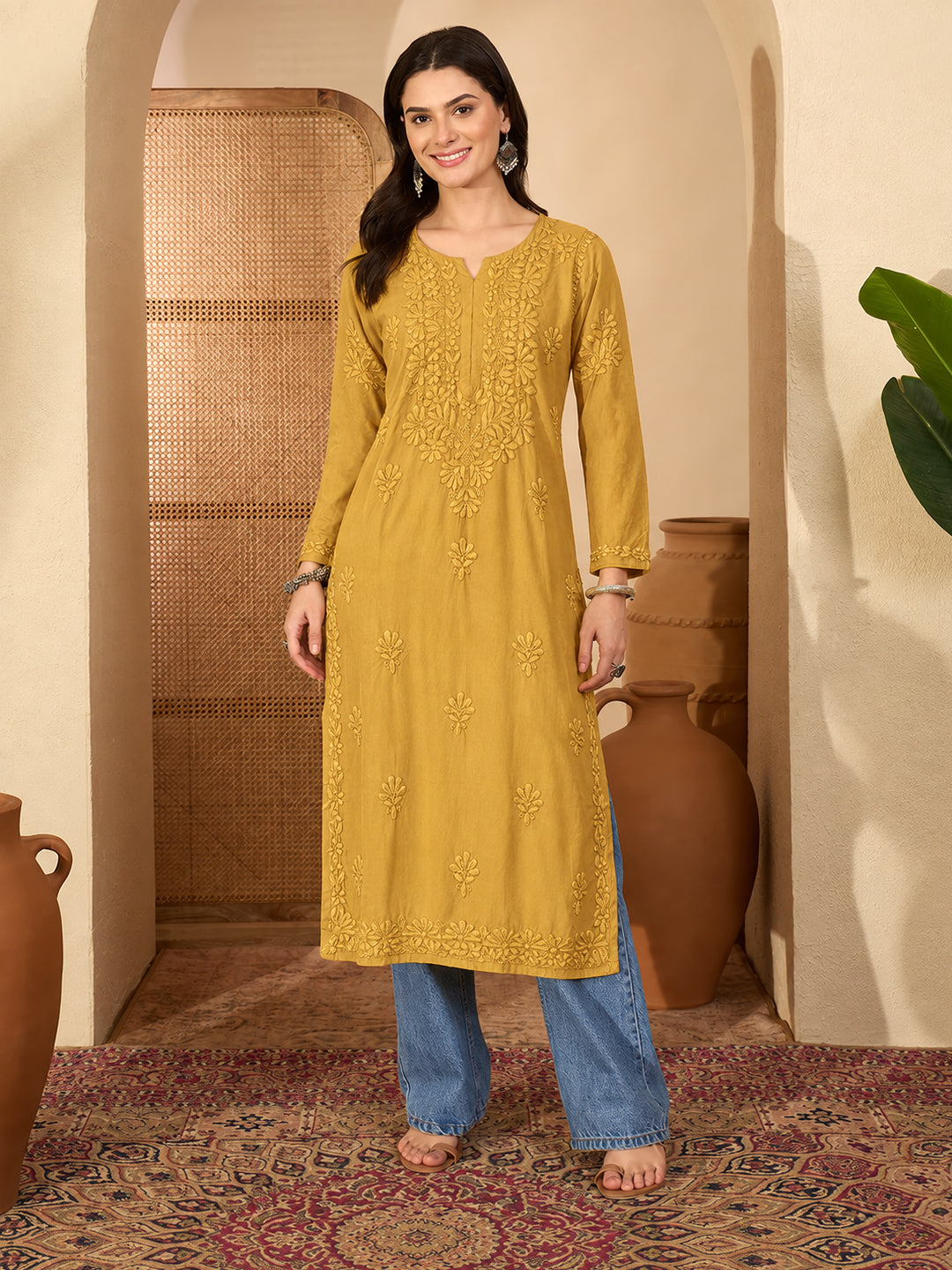 Zara Rayon Chikankari Straight Kurta - Mehndi Green