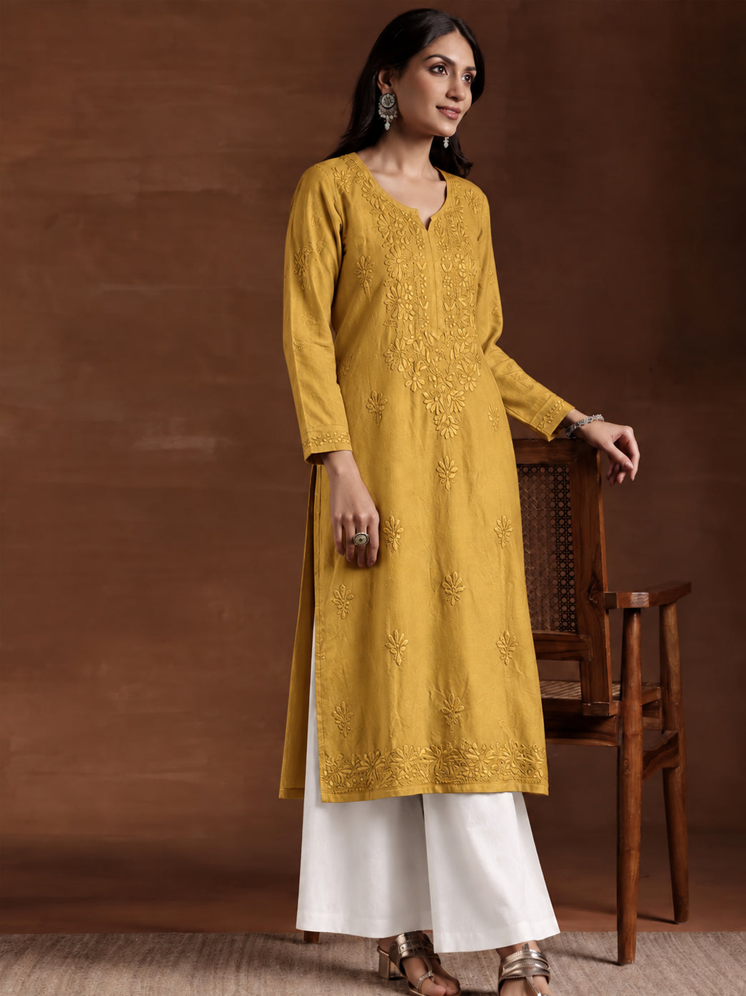 Zara Rayon Chikankari Straight Kurta - Mehndi Green