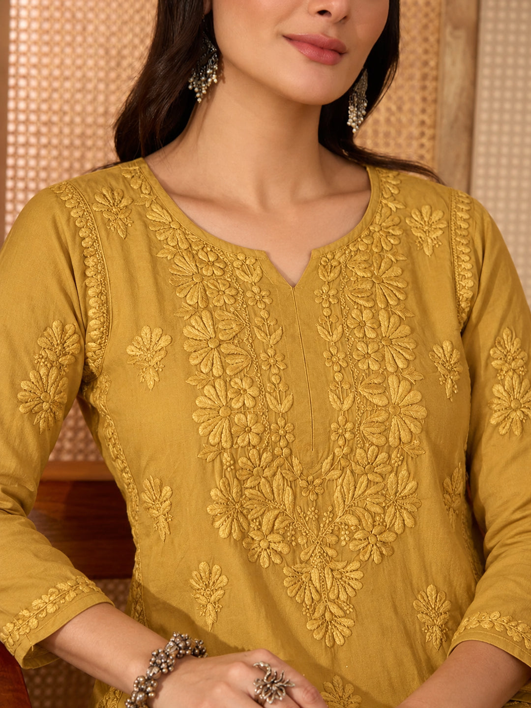 Zara Rayon Chikankari Straight Kurta - Mehndi Green