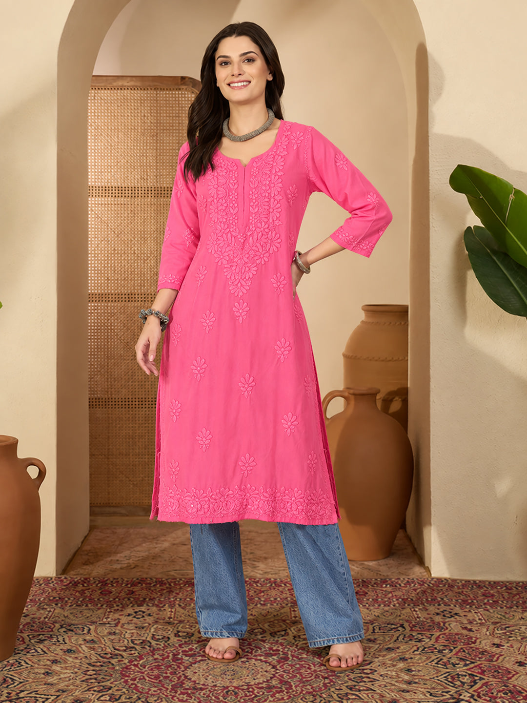 Zara Rayon Chikankari Straight Kurta - Pink