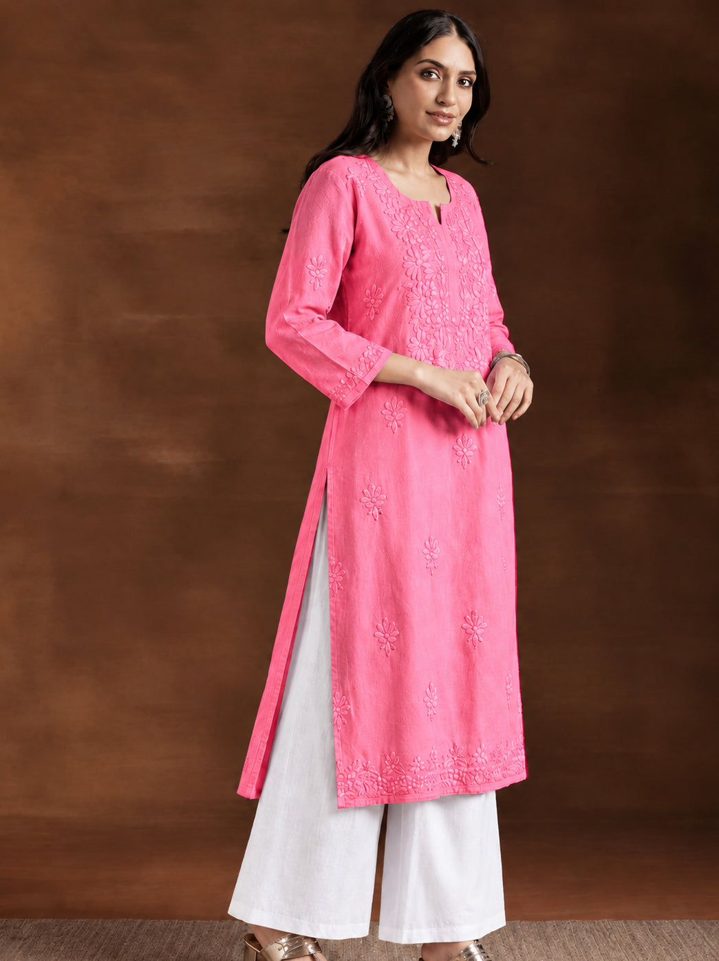 Zara Rayon Chikankari Straight Kurta - Pink