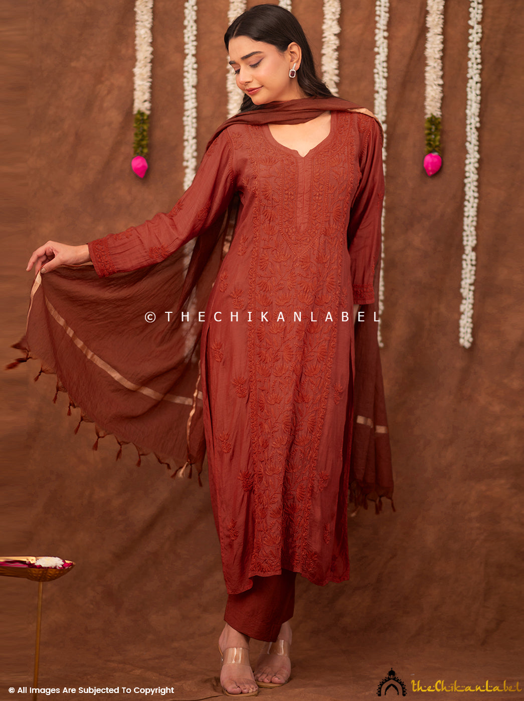 Zareen Muslin Chikankari Straight Kurta Set with Dupatta - Coral