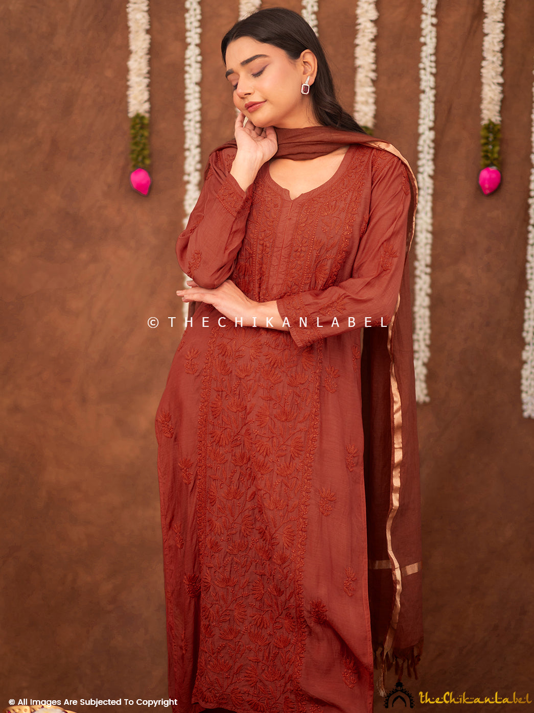 Zareen Muslin Chikankari Straight Kurta Set with Dupatta - Coral