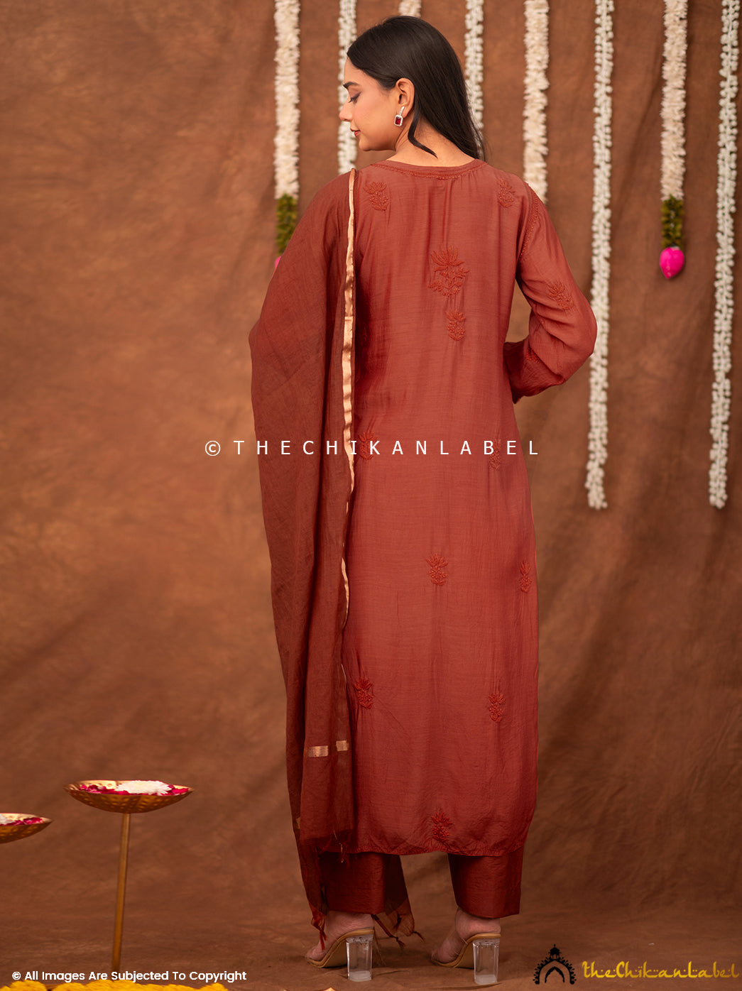 Zareen Muslin Chikankari Straight Kurta Set with Dupatta - Coral