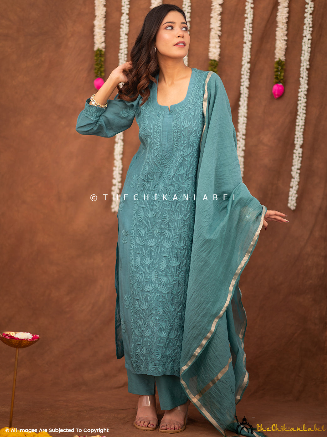 Zareen Muslin Chikankari Straight Kurta Set with Dupatta - Green