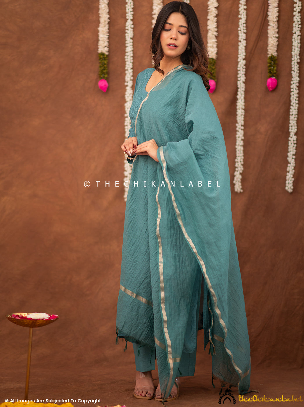 Zareen Muslin Chikankari Straight Kurta Set with Dupatta - Green