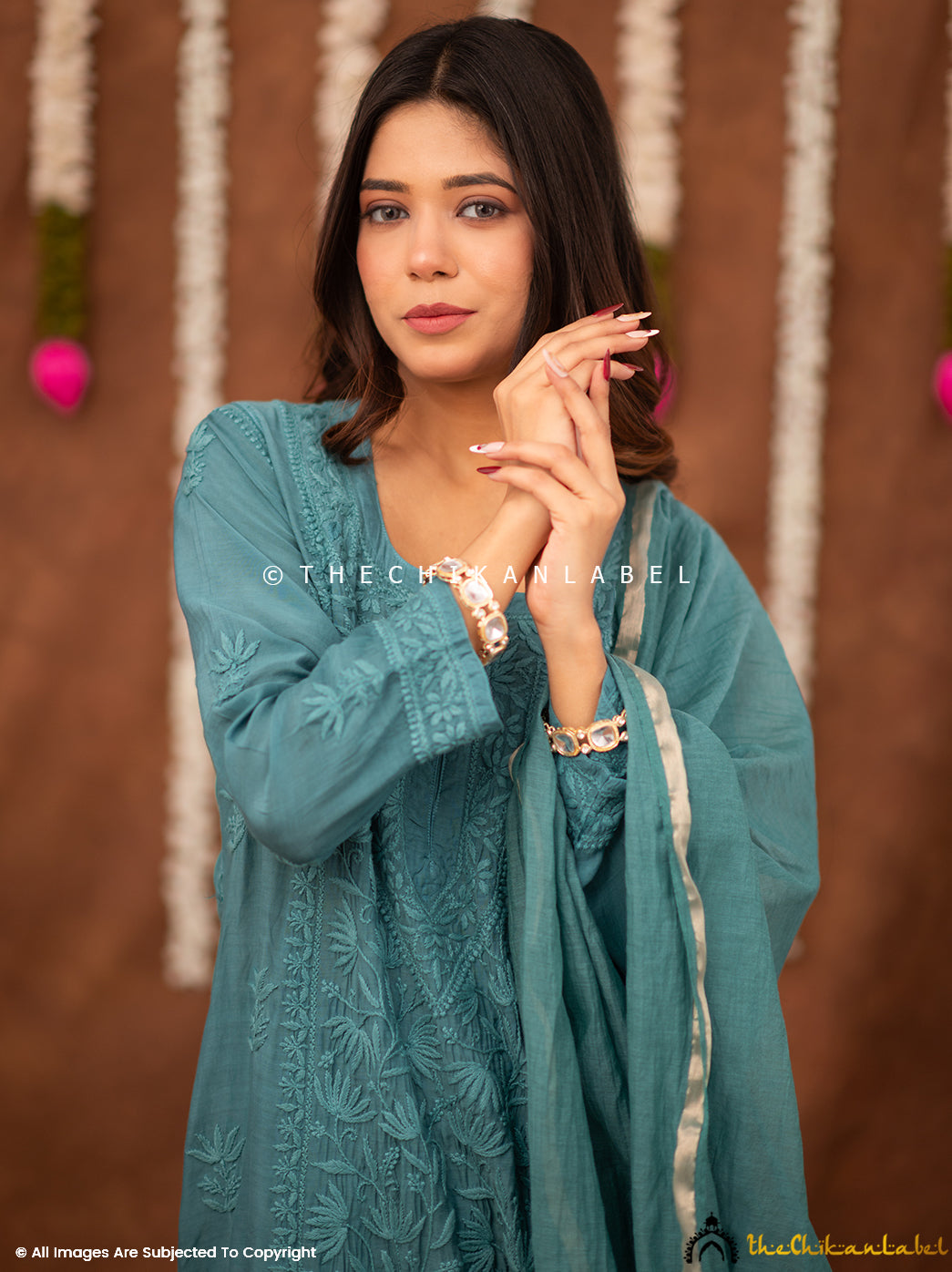 Zareen Muslin Chikankari Straight Kurta Set with Dupatta - Green