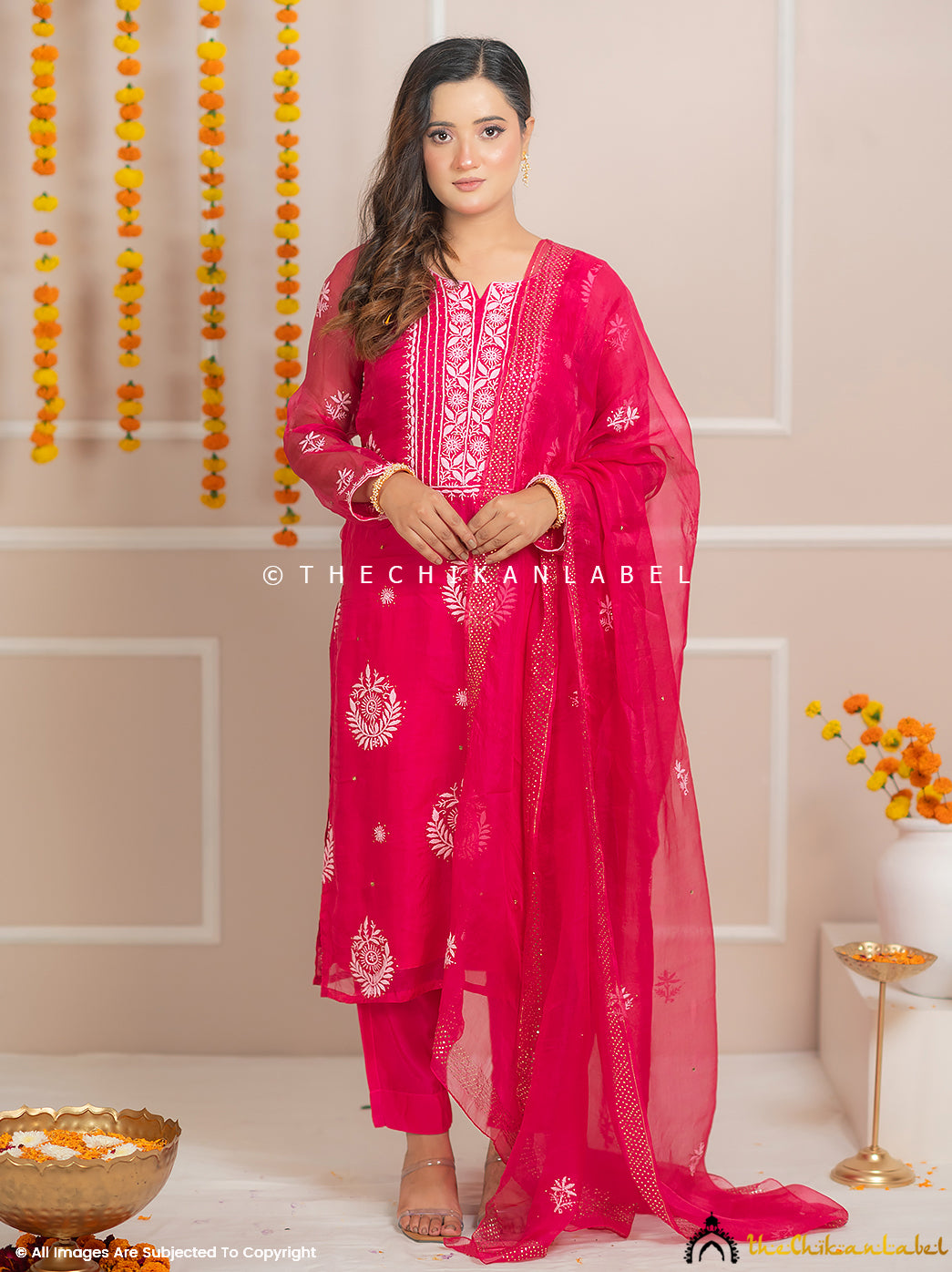 Zariyaan Hot Pink Stitched Pure Organza Chikankari Suit