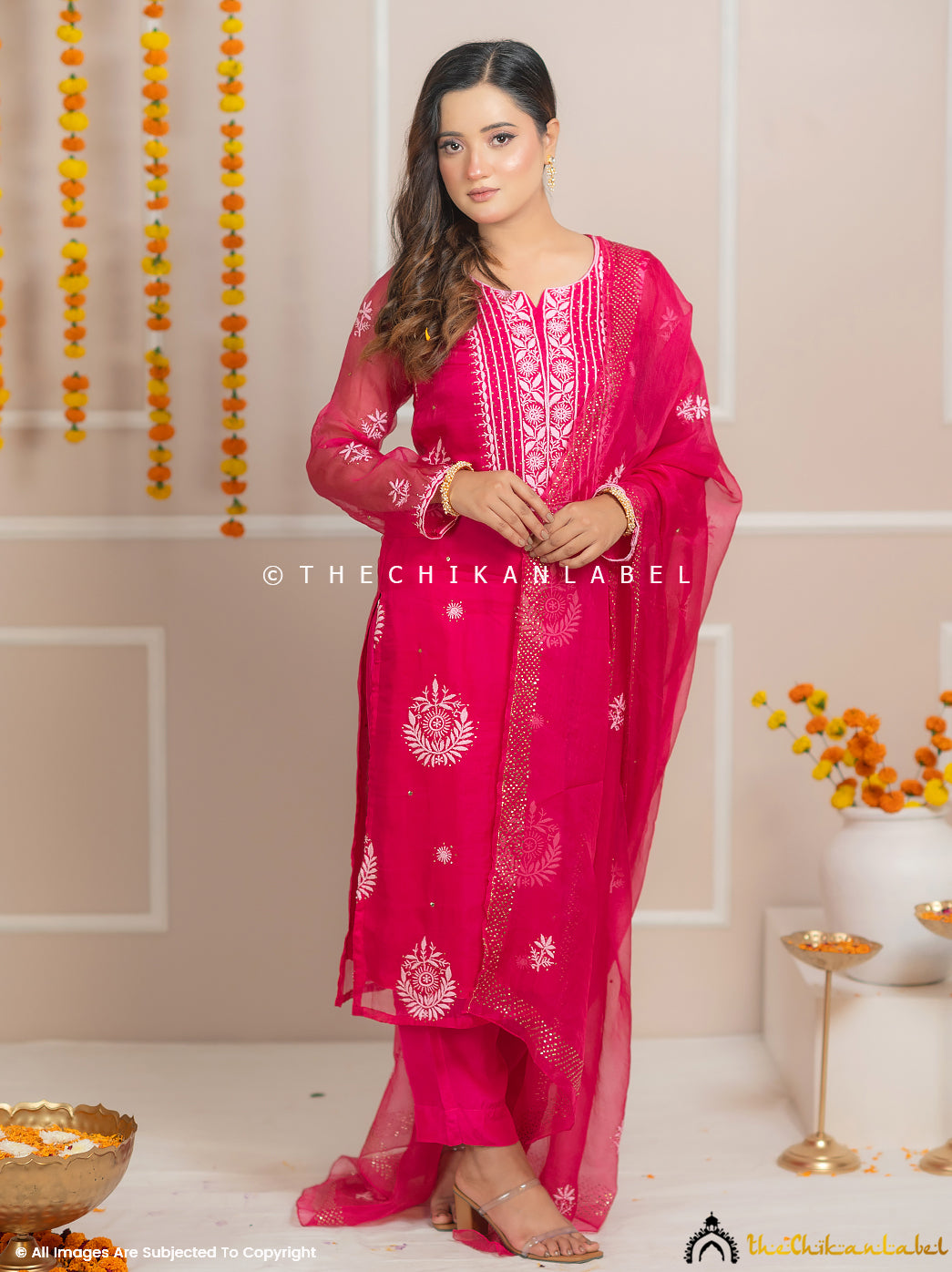 Zariyaan Hot Pink Stitched Pure Organza Chikankari Suit