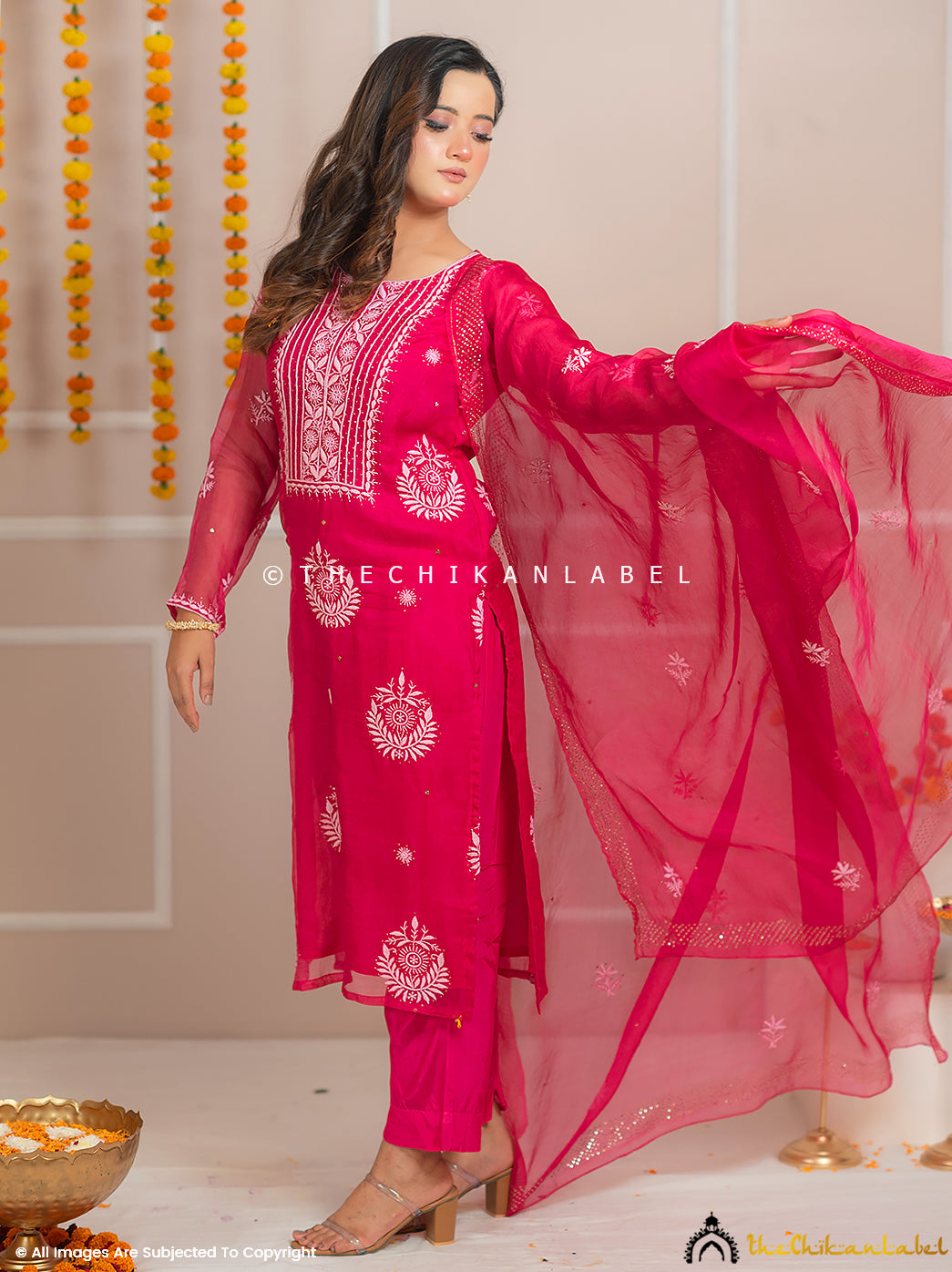 Zariyaan Hot Pink Stitched Pure Organza Chikankari Suit