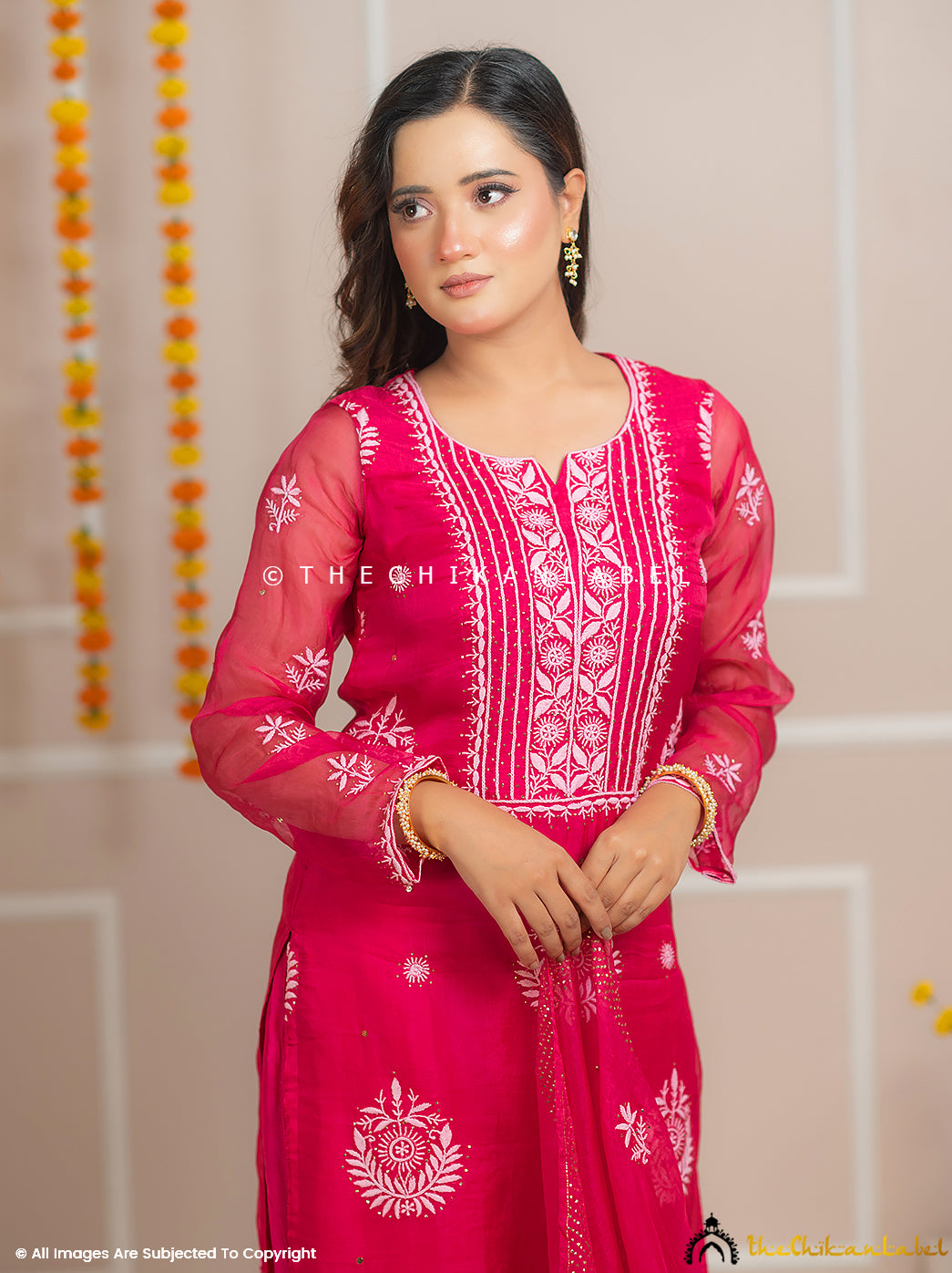 Zariyaan Hot Pink Stitched Pure Organza Chikankari Suit