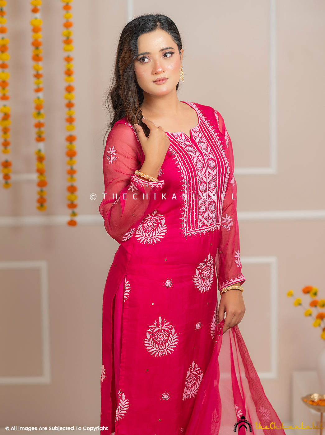 Zariyaan Hot Pink Stitched Pure Organza Chikankari Suit