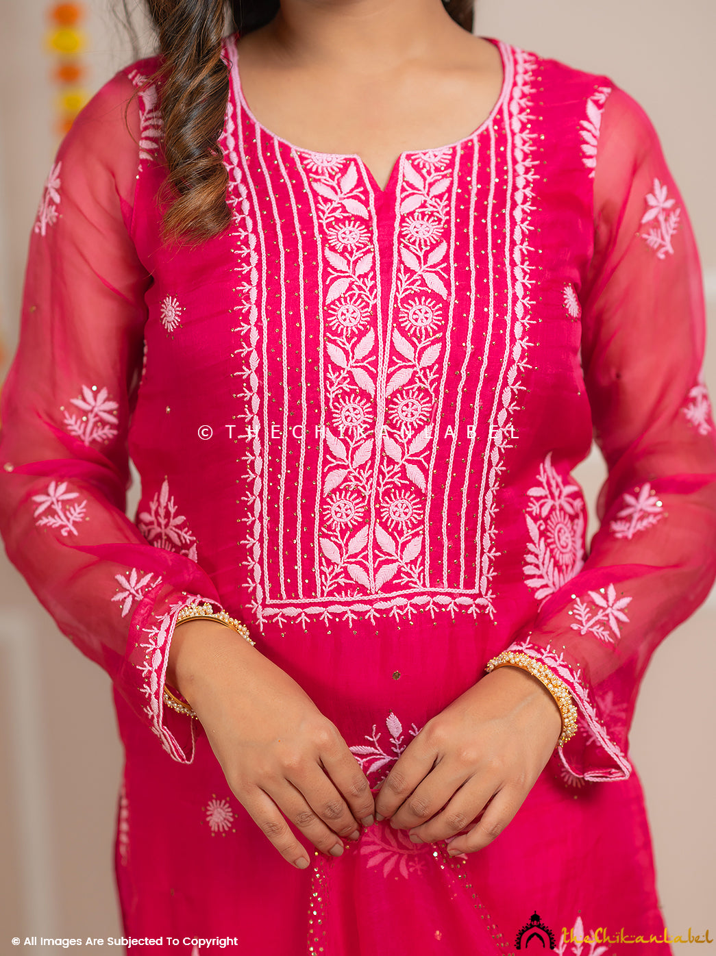 Zariyaan Hot Pink Stitched Pure Organza Chikankari Suit